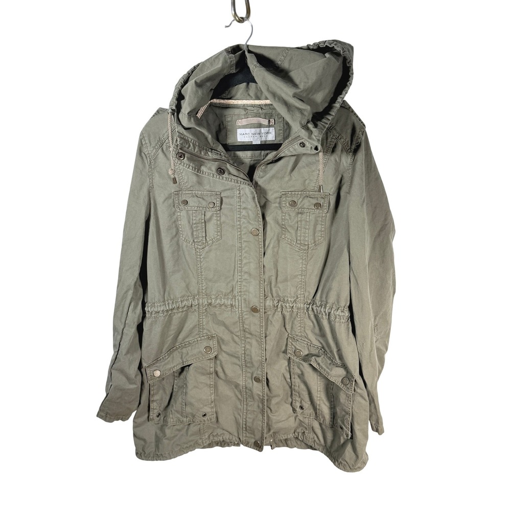 Marc New York Andrew Marc Khaki green Utility Jacket Drawstring Hood Sz L‎ y2k
